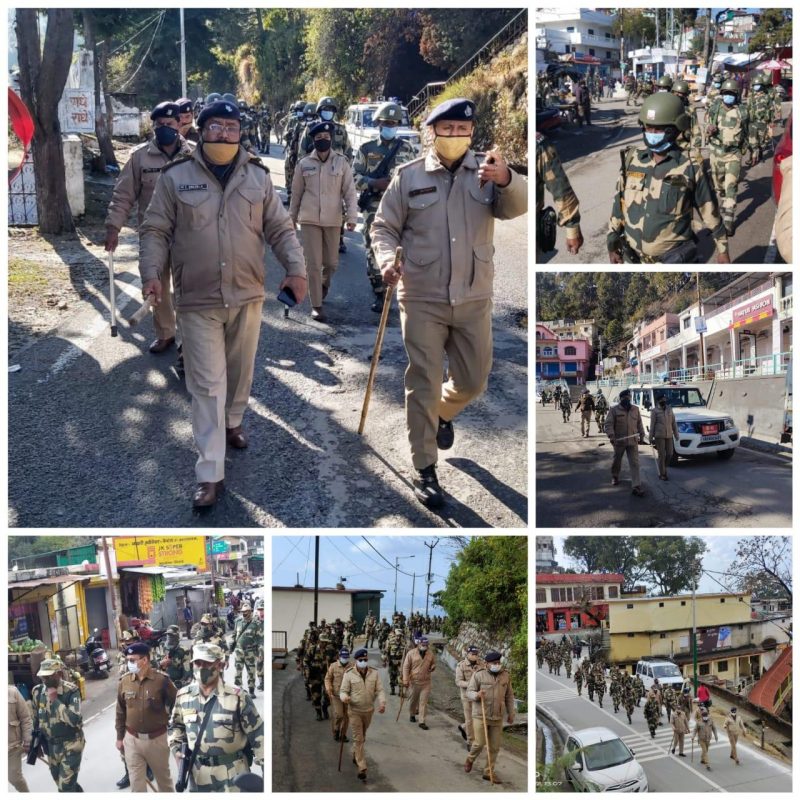 विधानसभा चुनाव के दृष्टिगत टिहरी पुलिस द्वारा निकाला गया फ्लैग मार्च