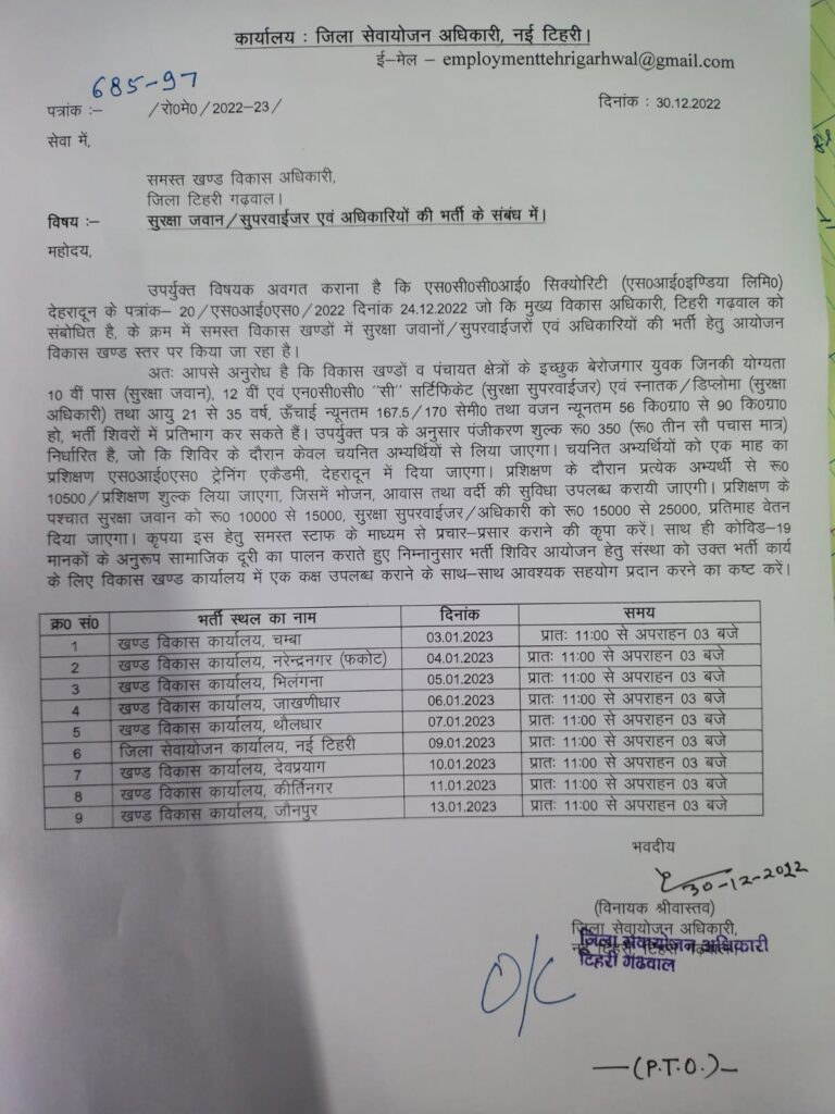 सुरक्षा जवान/सुपरवाईजर एवं अधिकारियों की भर्ती