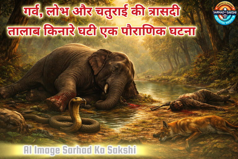 हाथी, सर्प, शिकारी और सियार की पौराणिक कथा का दृश्य
