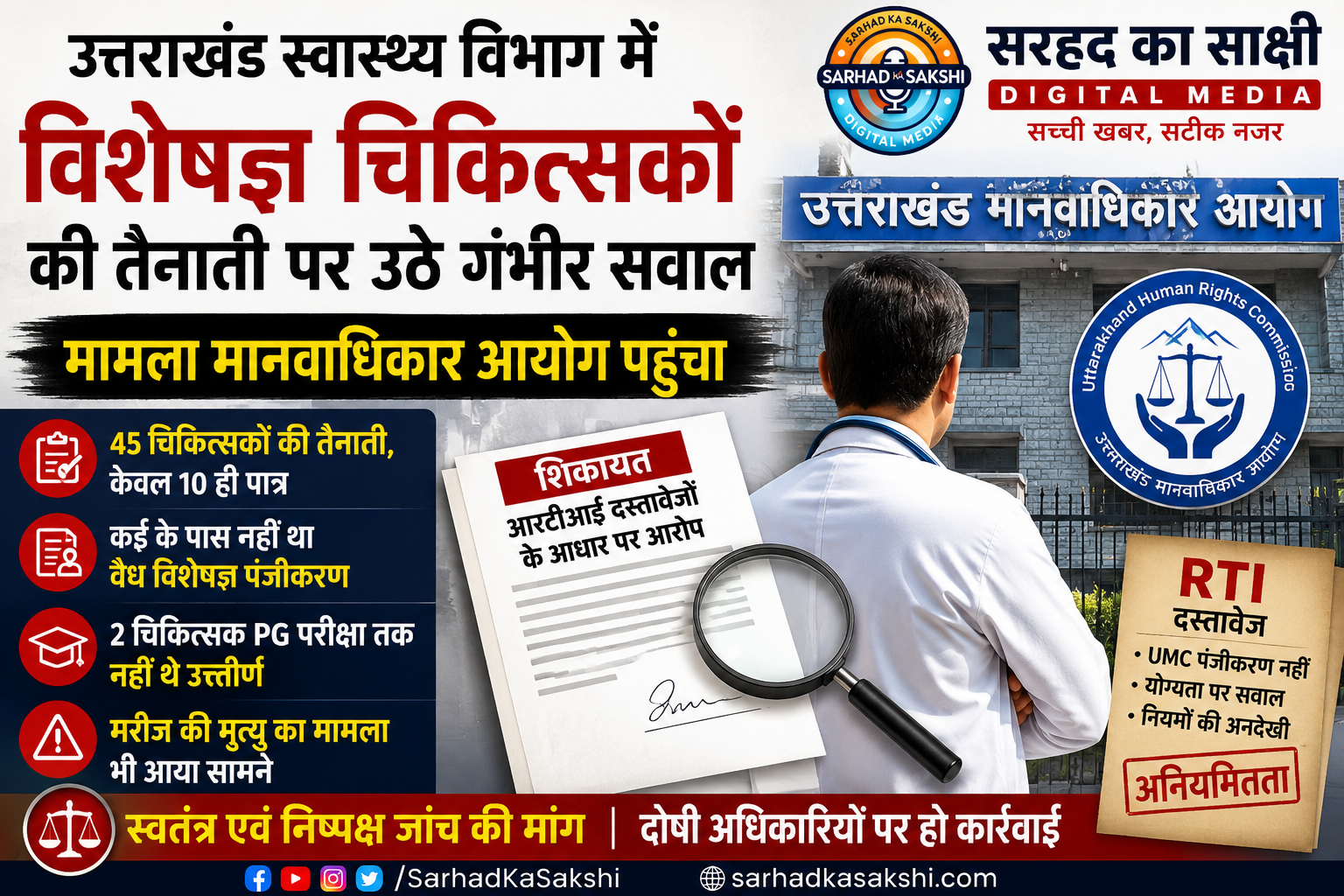 उत्तराखंड स्वास्थ्य विभाग में विशेषज्ञ चिकित्सकों की तैनाती पर उठे गंभीर सवाल, मामला मानवाधिकार आयोग पहुंचा